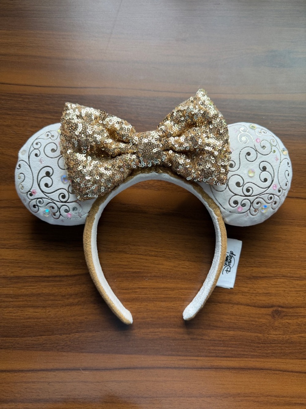 Disney Parks WDW 50th Anniversary Light-Up Ears, Gold Swirl, Sequin Bow